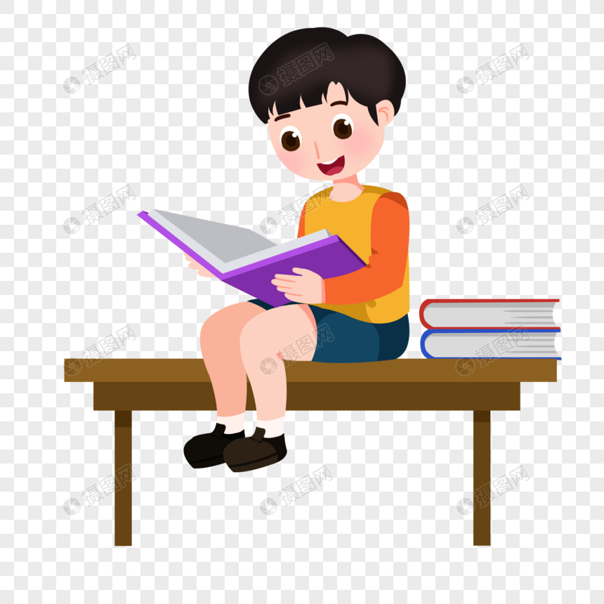 卡通男孩坐在桌子上看书