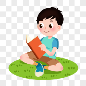 卡通男孩草地上看书插图绿色高清图片素材