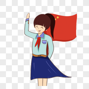 光圈设计卡通手绘升起的国旗和敬礼的爱国女青年素材