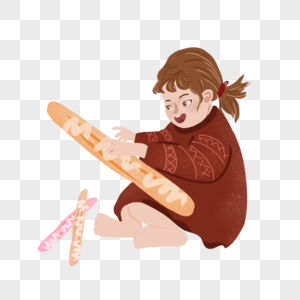 吃面包的小女孩手绘png免抠素材图片