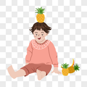 头顶菠萝的搞怪小男孩手绘png免抠素材图片