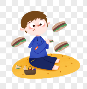 六一儿童节小男孩吃汉堡在野餐高清图片