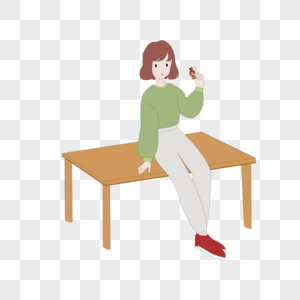 靠在桌子上的女孩手绘高清图片素材