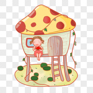卡通手绘夏日蘑菇屋吃西瓜小女孩PNG素材图片