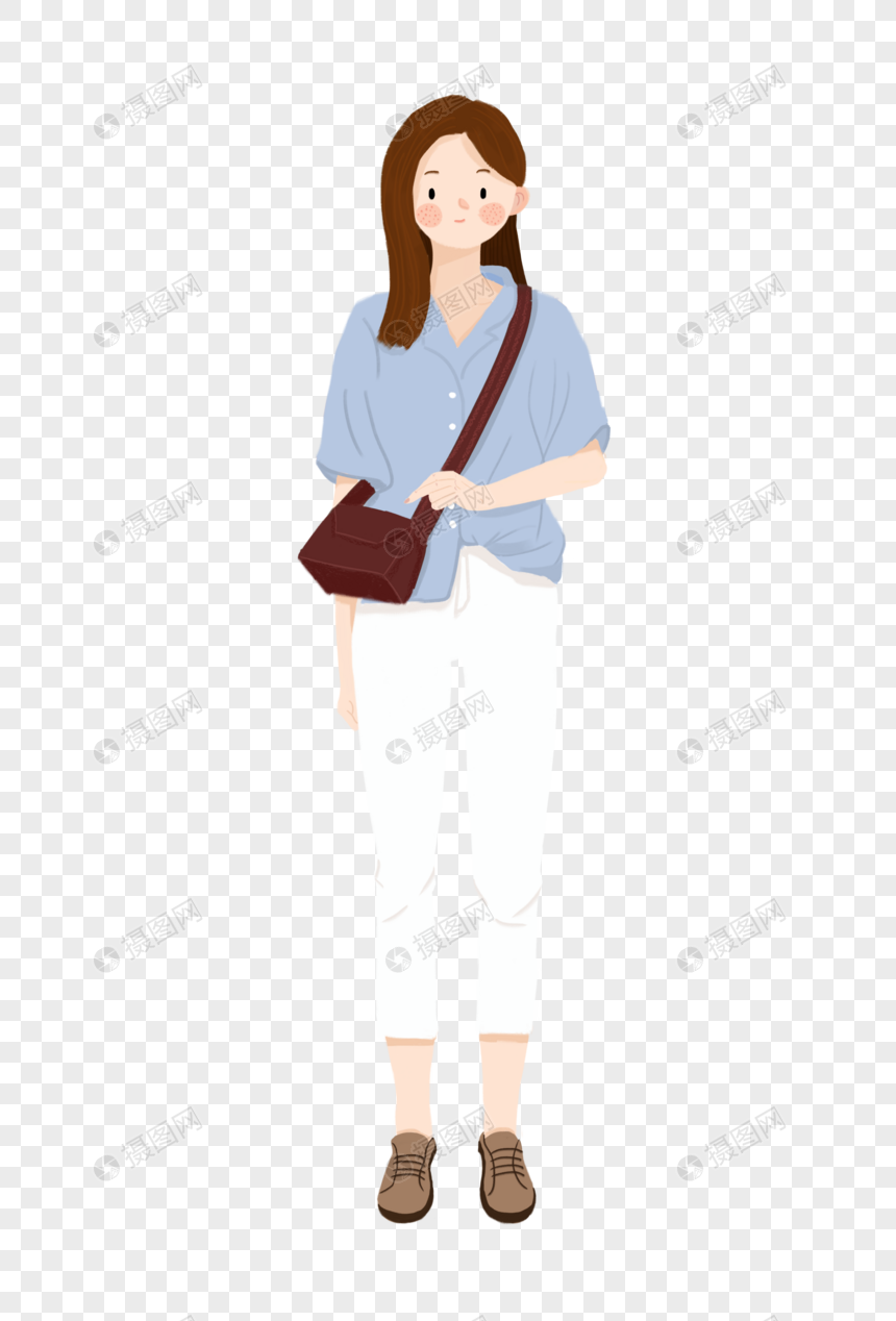 免抠元素 手绘/卡通元素 时尚休闲装女孩插图.psd