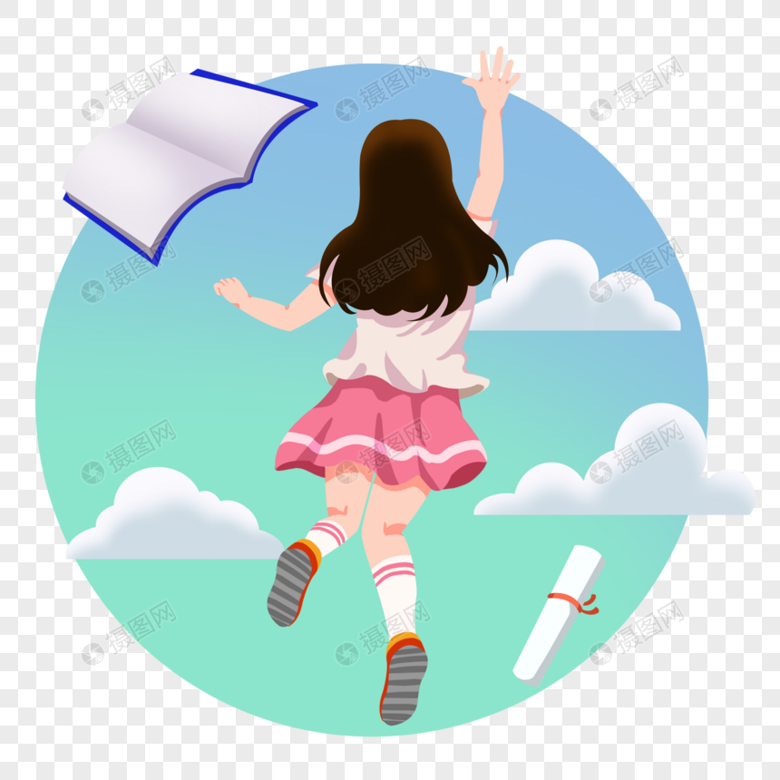 卡通长发女孩高兴的跳起来