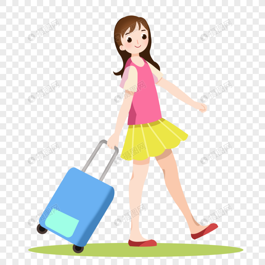 卡通时尚女孩拉着行李箱