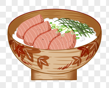 创意手绘原创枫叶木碗黑胡椒三文鱼刺身饭面图标可爱美食图片