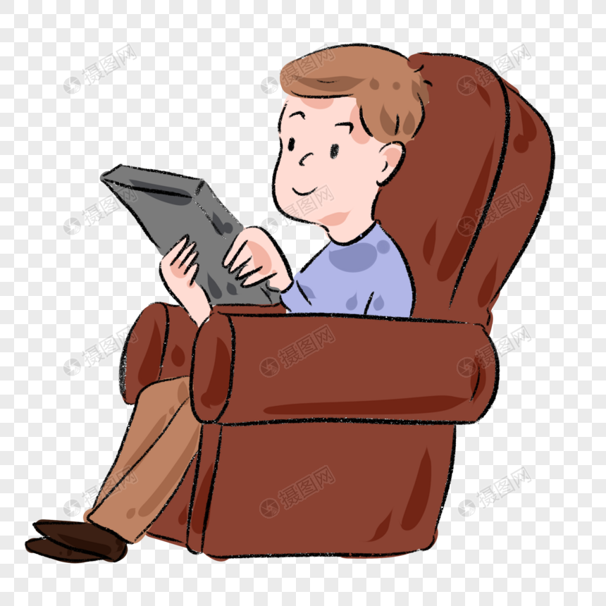 男生坐在沙发上玩手机漫画