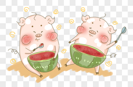 炎热夏日猪猪吃大西瓜插画PNG高清图片