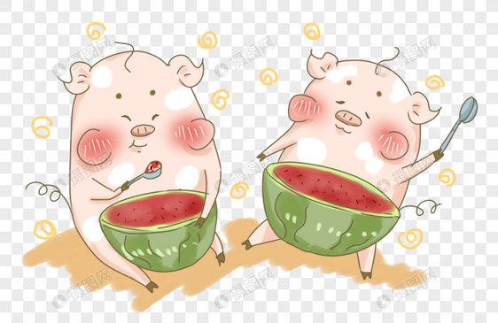 炎热夏日猪猪吃大西瓜插画PNG图片
