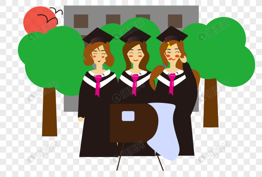 三个女学生在教学楼前面一起拍毕业照图片