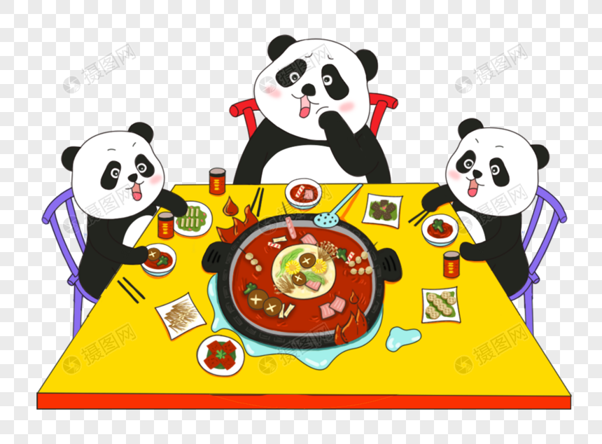 免抠元素 手绘/卡通元素 可爱熊猫吃火锅.