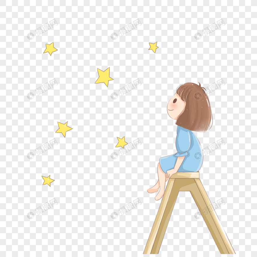 儿童节可爱的短发小女孩坐在高凳上抬头看着星星卡通手绘