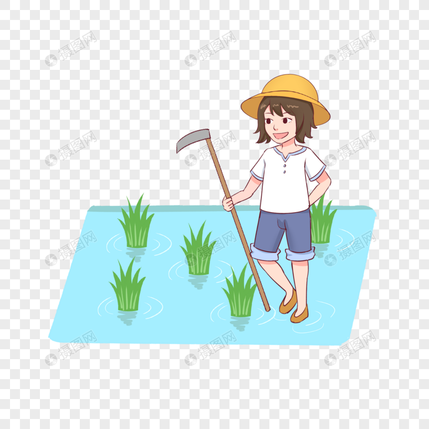 卡通手绘芒种锄地的农民