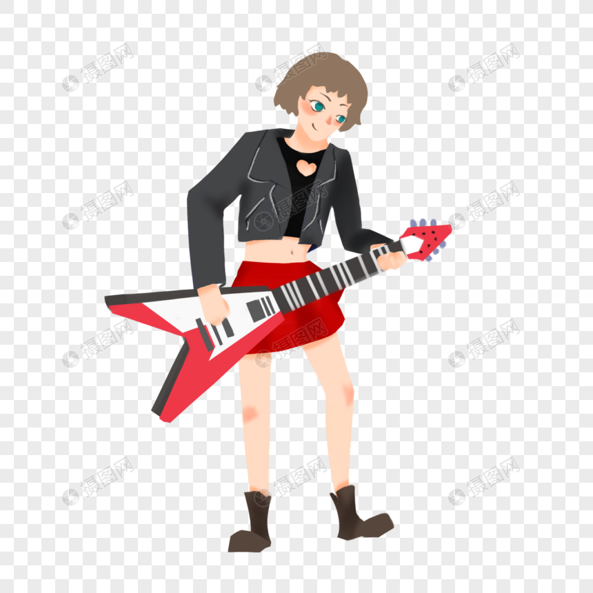 手绘音乐摇滚女孩吉他手