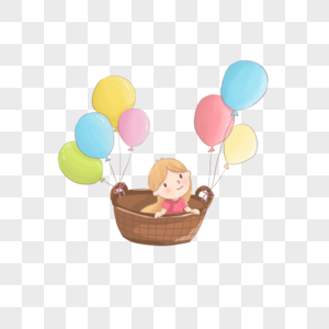 儿童节坐在篮子里气球绑着飞在天上的小女孩卡通手绘高清图片