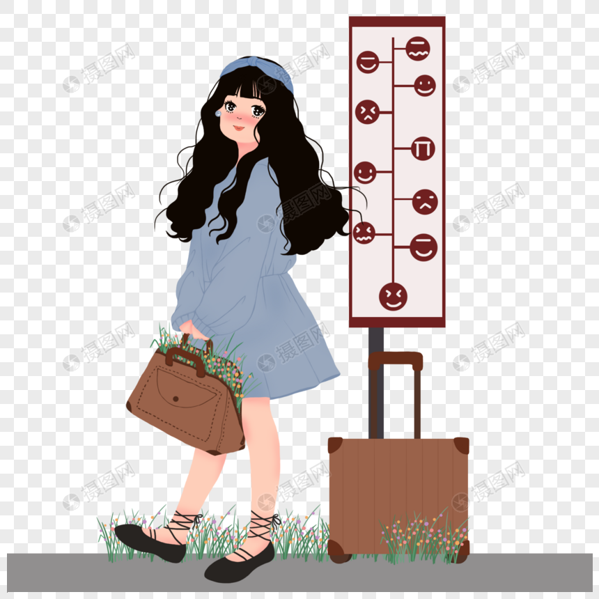 提着行李旅行的鲜花女孩