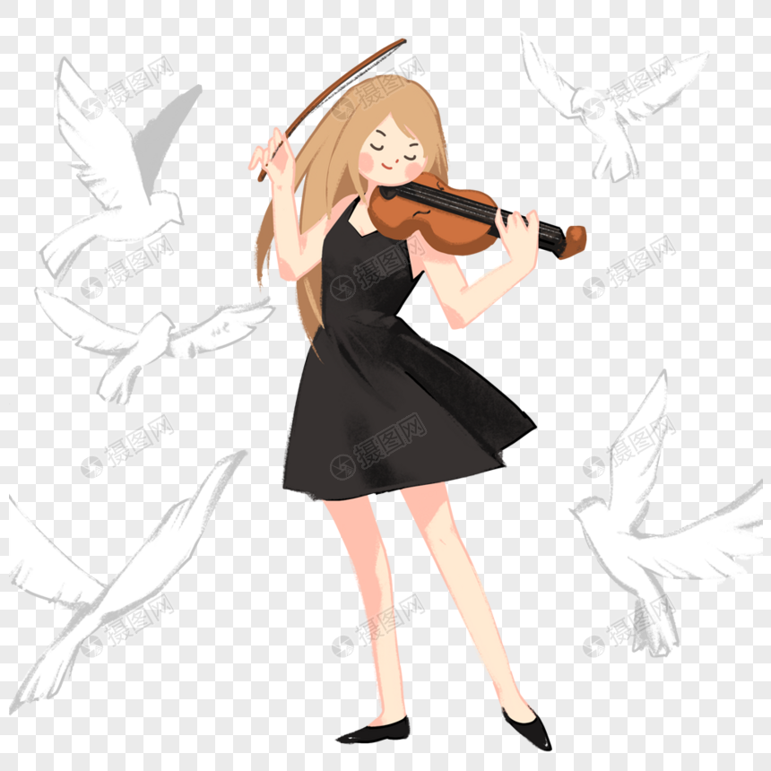 拉小提琴的少女和白鸽图片