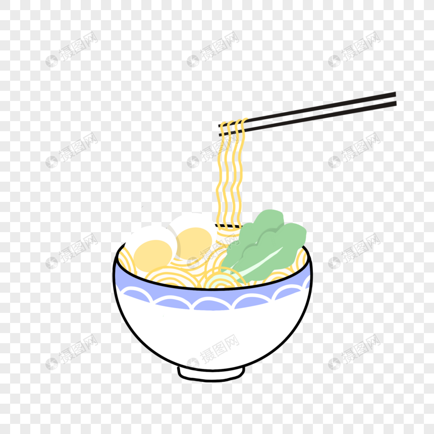 夏天鸡蛋青菜一碗拉面泡面筷子手绘装饰图案