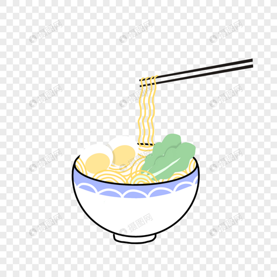 夏天鸡蛋青菜一碗拉面泡面筷子手绘装饰图案图片