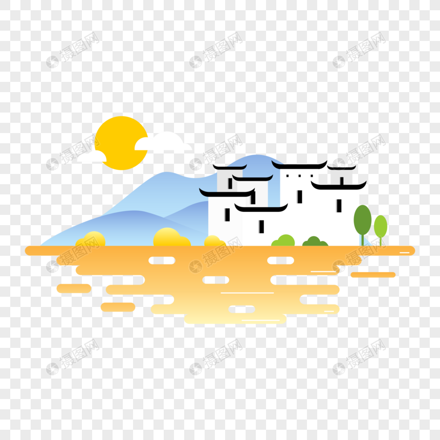 徽派建筑风光扁平风