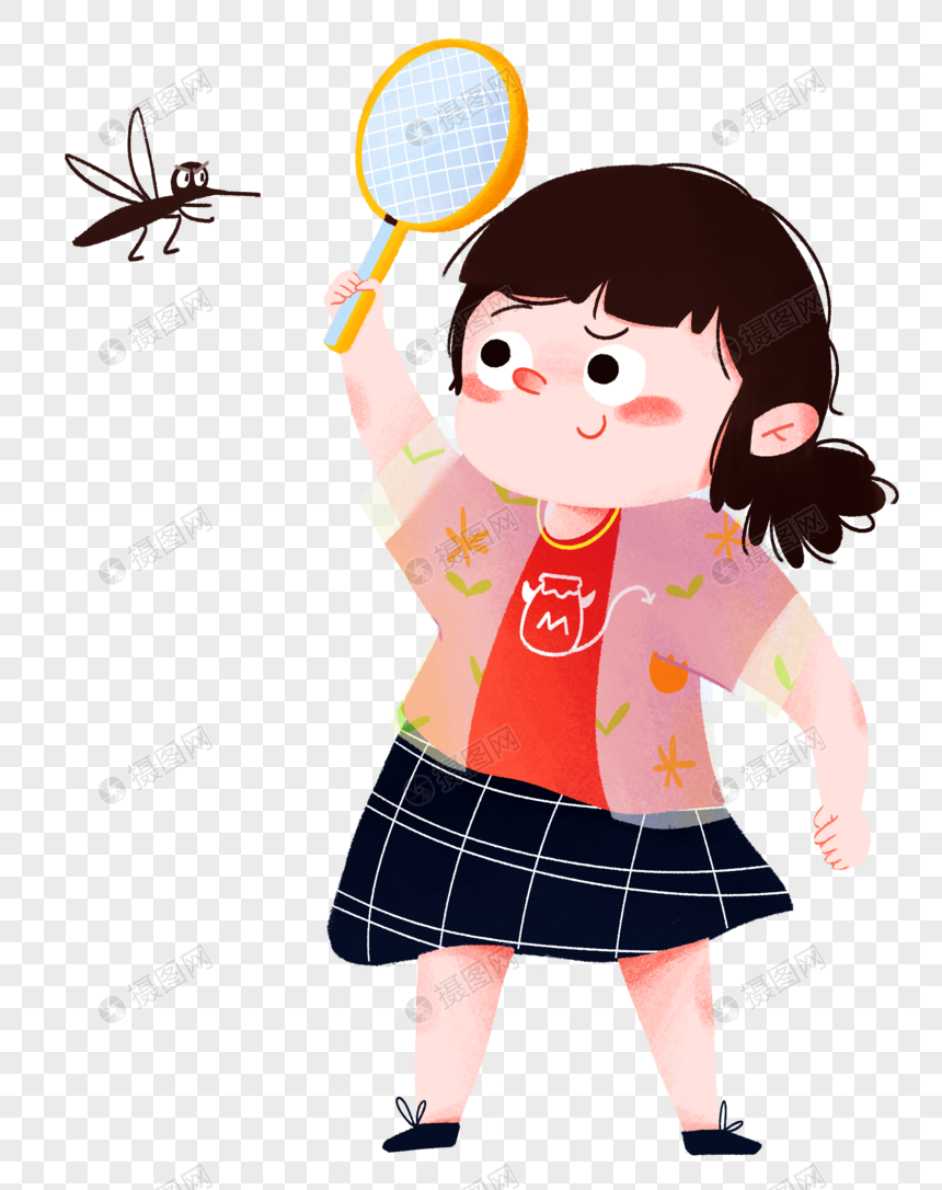 免抠元素 手绘/卡通元素 夏天小女孩打蚊子.psd