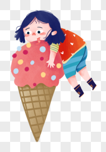 夏天小女孩吃很大的冰淇淋炎热高清图片素材