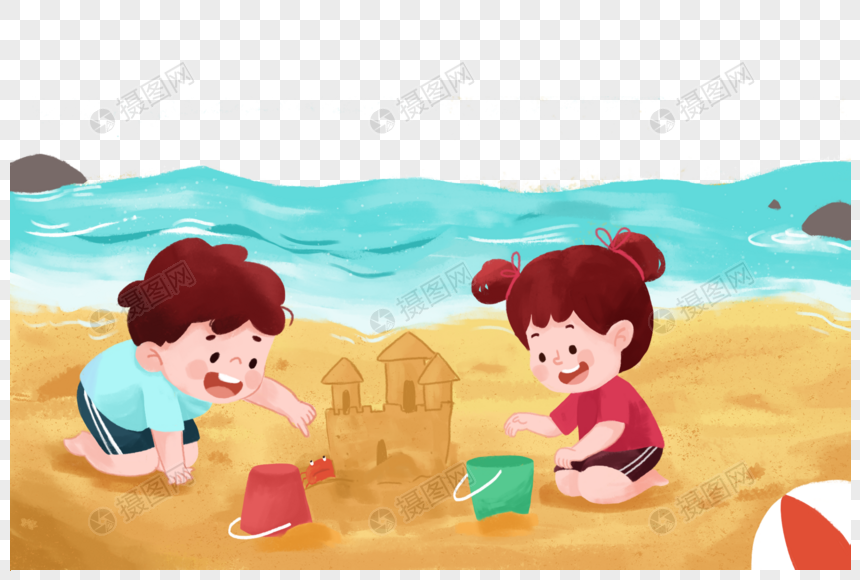 夏天儿童在海边沙滩玩沙子