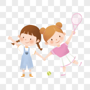 手绘夏季两个小女孩打网球图片