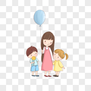 儿童节三个小女孩站在路边交谈拿蓝色气球卡通手绘高清图片