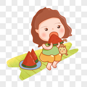 卡通手绘大暑小女孩吃西瓜PNG素材图片