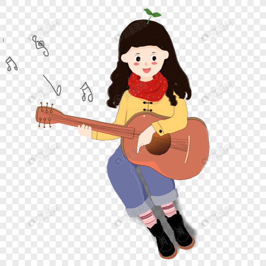 手绘女生弹吉他漫画元素
