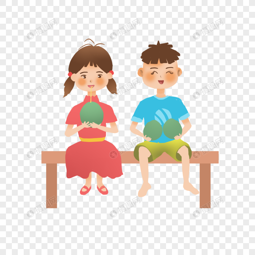 坐在海边喝着椰子的两个小孩图片