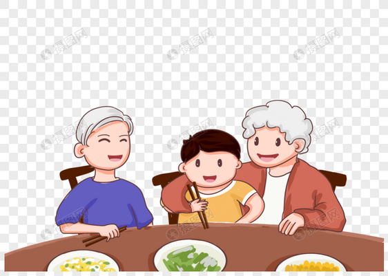 温馨爷爷奶奶教孙子用筷子吃饭插画图片