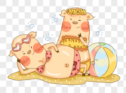 夏日猪猪沙滩比基尼插画PNG图片