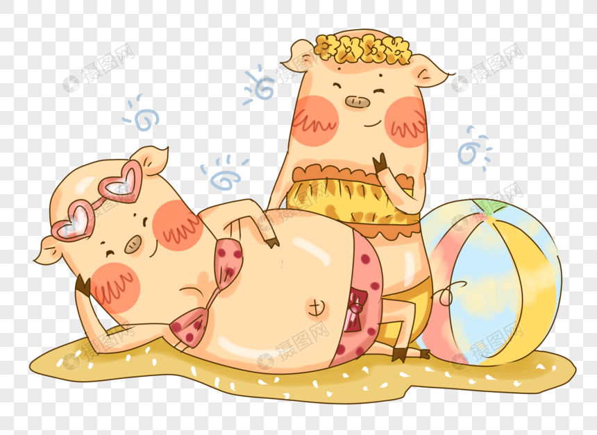 夏日猪猪沙滩比基尼插画png