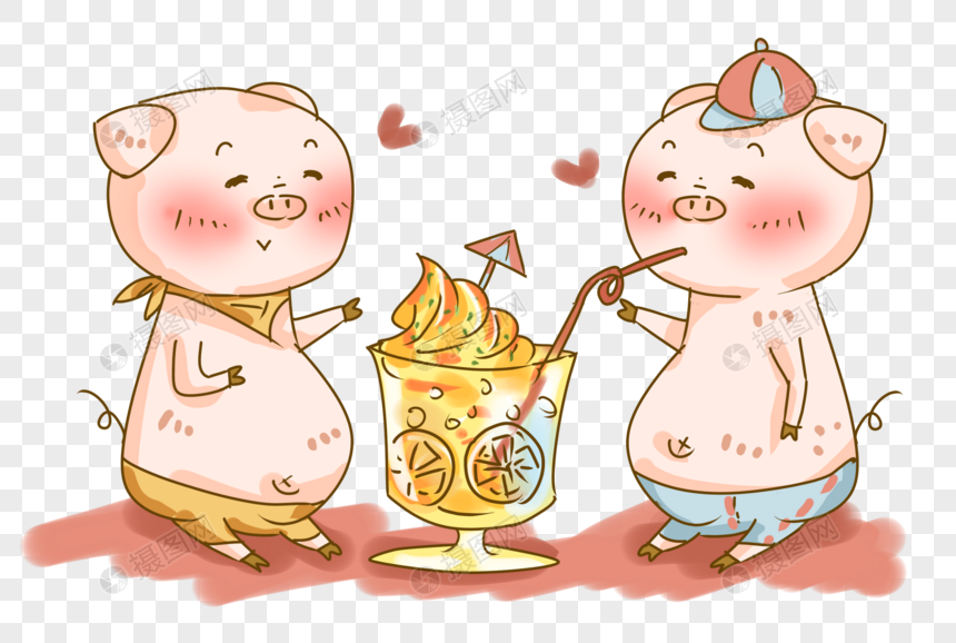 原创夏日猪猪喝柠檬冰淇淋果汁插画PNG图片