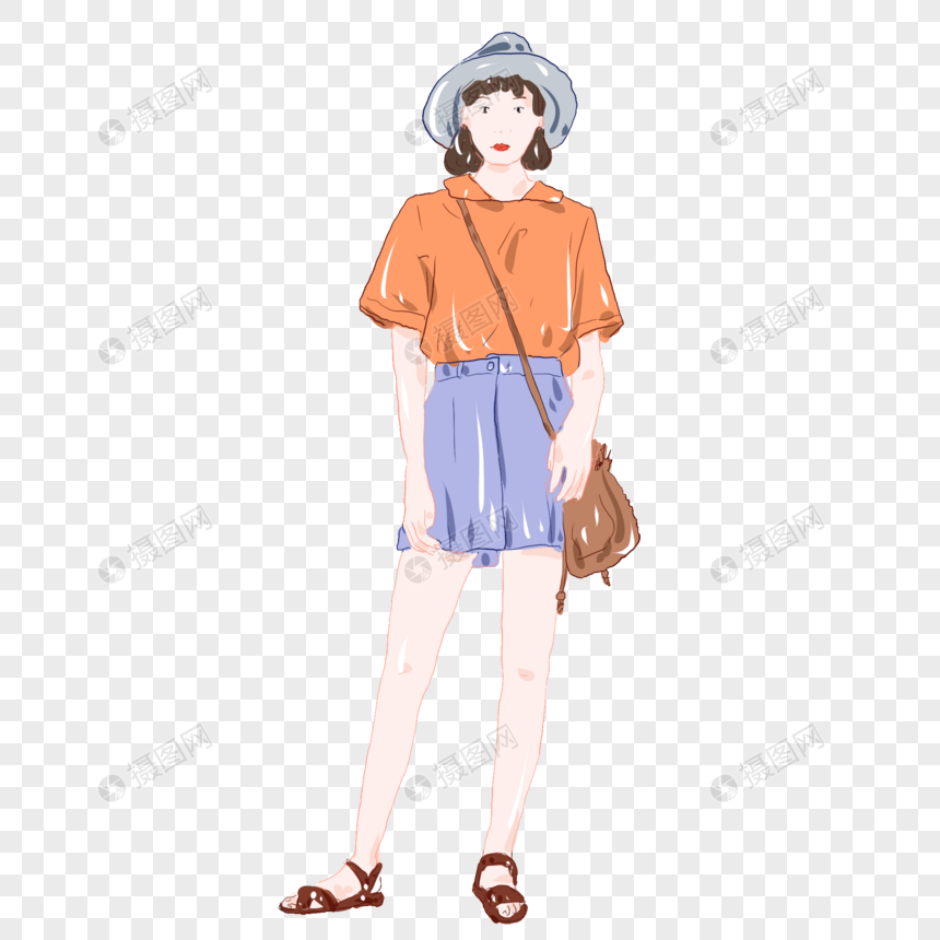 手绘时装戴帽子女孩元素
