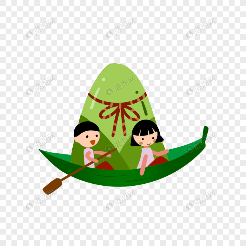 男孩女孩在粽叶做的船上划船