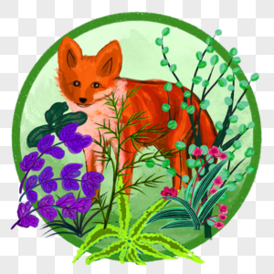 中国风水彩水墨花丛中的狐狸图片