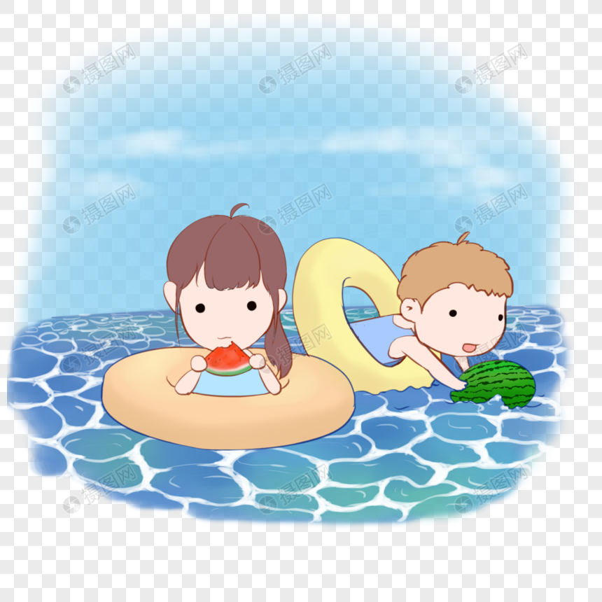 游泳吃瓜的孩子图片
