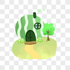 夏天西瓜小树绿色可爱童趣房子小屋手绘装饰图案高清图片