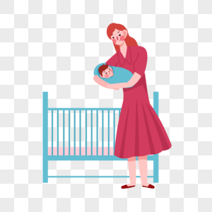 抱孩子母亲手绘婴儿床高清图片