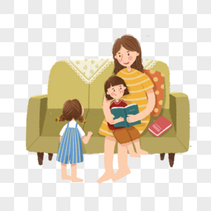 坐在沙发上教孩子读书的母亲图片