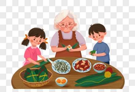 国学小孩陪奶奶包粽子的孩子素材