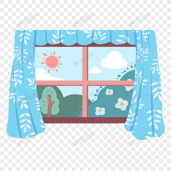蓝色窗帘窗户图片