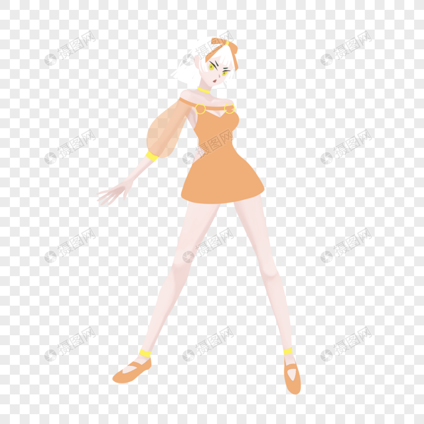 白色短发橙色橘色纱质短裙女孩图片