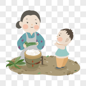 包粽子的母亲与吃粽子的小孩高清图片