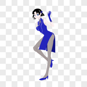 黑色短发蓝色短旗袍民国时期女孩图片